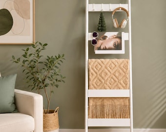 Farmhouse Blanket Ladder with 4 Hooks, Rustic Leaning Quilt Rack for Bedroom Bathroom Entryway