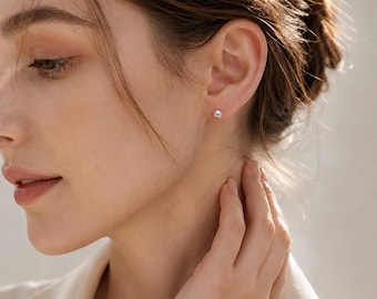 Pearl Stud Earrings, White and Light Purple Pearl Studs, S999 Silver Pin Earrings, Hypoallergenic Gift for Her