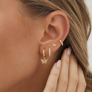 4 Pairs Butterfly Earring Set, Gold or Silver Huggie Hoops, CZ Studs, Dainty Ear Stack