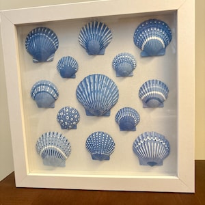 May include: A square white shadow box frame containing twelve blue and white painted seashells arranged on a light fabric backing. The shells feature various patterns including stripes, dots, and solid blue sections, all displayed behind glass.