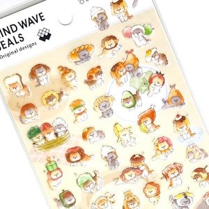 Hoja de pegatinas japonesas J Kawaii: Onda mental - Okaburi Neko - Planificador de actividades para la hora de la merienda con un gato pequeño perezoso y estilizado, manualidad de papel