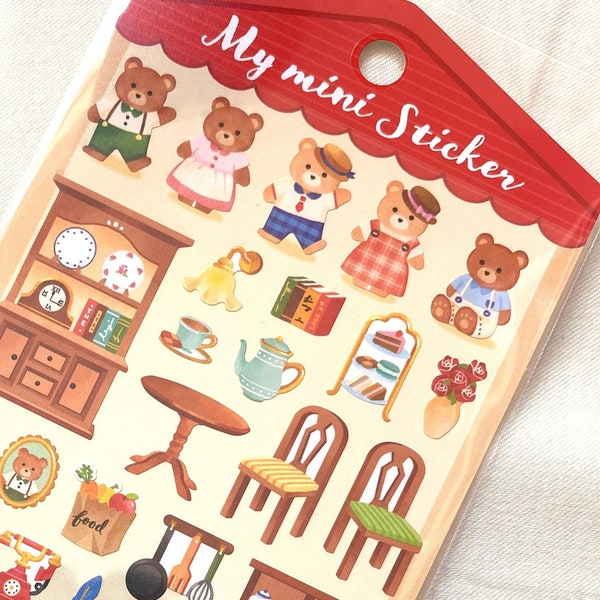 Kawaii Japan Sticker: My Mini Sticker BEAR HOUSE At Home Tea Furniture Home Scene Picture Frame Groceries Snacks Family Village Play Set