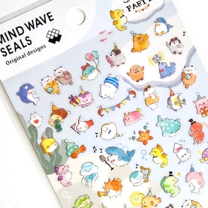 J Kawaii Japanischer Aufkleber Bogen: Mind Wave - Sea Party - stilisierte Neuheit Kreatur Tieraktivitäten Party Time Pinguin Planer Papierhandwerk