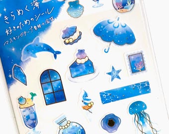 Feuille d'autocollants dorés J Kamio Japon Kawaii Masking Tape : ESPACE, thème bleu océan, fabrication de cartes, cadeau étoiles lunatique méduse fusée dauphin