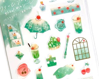 Feuille d'autocollants dorés J Kamio Japon Kawaii Masking Tape : CAFE Vert fantaisie ciel Cartes cadeau Étoiles lunatique astronomie Cerises de Saturne