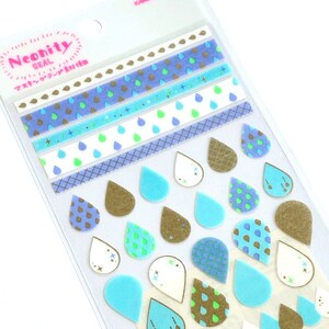 Arkusz naklejek maskujących: WYPRZEDAŻ Kamio Neonity Washi Shapes and Tape Assort RAIN DROP Shapes Highlighter Blue and Dull Metallic Gold Pattern