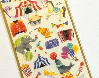 Mind Wave Japan Textured Washi Paper Stickers: Week End Circus Cute Animals Bear Lion Elephant Seal Firework