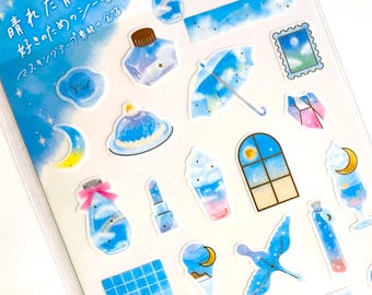 Feuille d'autocollants dorés J Kamio Japon Kawaii Masking Tape : ESPACE, thème bleu, ciel, cadeau de fabrication de cartes, étoiles, lunatique, astronomie, fusée, marin lune