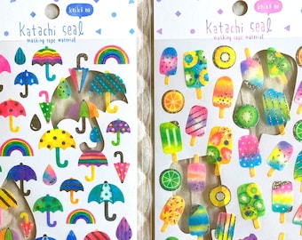 Kawaii Japan Keiko Katachi Seal Masking Tape Stickers: Summer in Japan - Rainbow Raindrop Umbrella Ice Pop Fruits Colorful