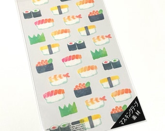 Kawaii Mind Wave Japan Sticker Sheet Watercolor Texture Masking Seal Japan Culture SUSHI Dinner Delicious Shrimp Egg Tamago Salmon Ikura