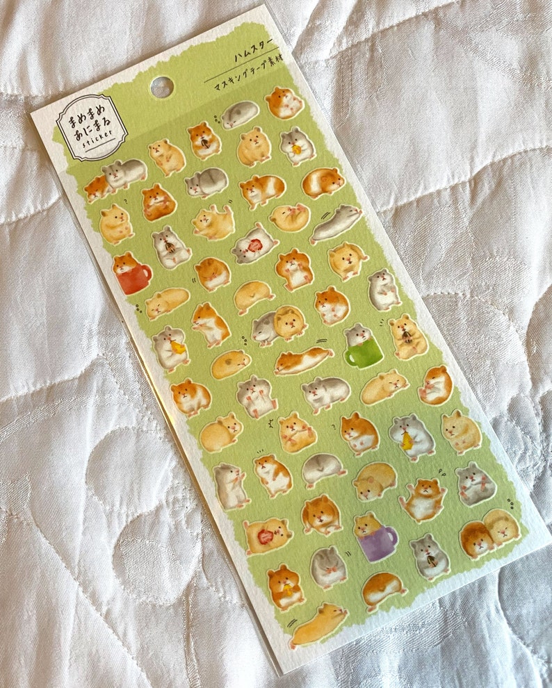 Kawaii Japan Sticker Sheet Assort: Mind Wave MameMame Masking Material HAMSTERS Small Pet Rodent Tan Grey Brown Nibble Stretch Mini image 2