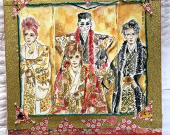 Aquarelle originale de l'artiste, techniques mixtes, 13 x 13 : Malia Autio REIWA Bombardier d'or Visual kei japonais Nouvel an Nouvel an or REIWA