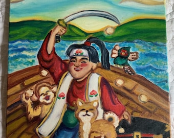 Peinture originale à l'huile ou impression d'artiste Malia Autio MOMOTARO Peach Boy Folklore japonais Conte courageux Chambre de garçon