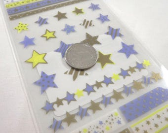 Japan Masking Sticker Sheet: Kamio Neonity Washi Shapes and Tape Assort STARS Shapes Highlighter Yellow Navy Blue and Dull Metallic Gold R