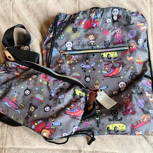 Vintage Tokidoki Inspired XSRE Grey Two Bag Bundle Seasons Snowmobilke Parachute Boat Skateboard Random Comic Design Handbag Drawstring  NWT
