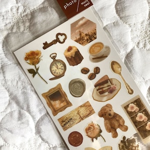 Japan Sticker Sheet Assort: Sheer Photo Series Japanese SEPIA BROWN Color Theme Spread Planner Journal Random Photo Vintage Antique Bear image 2