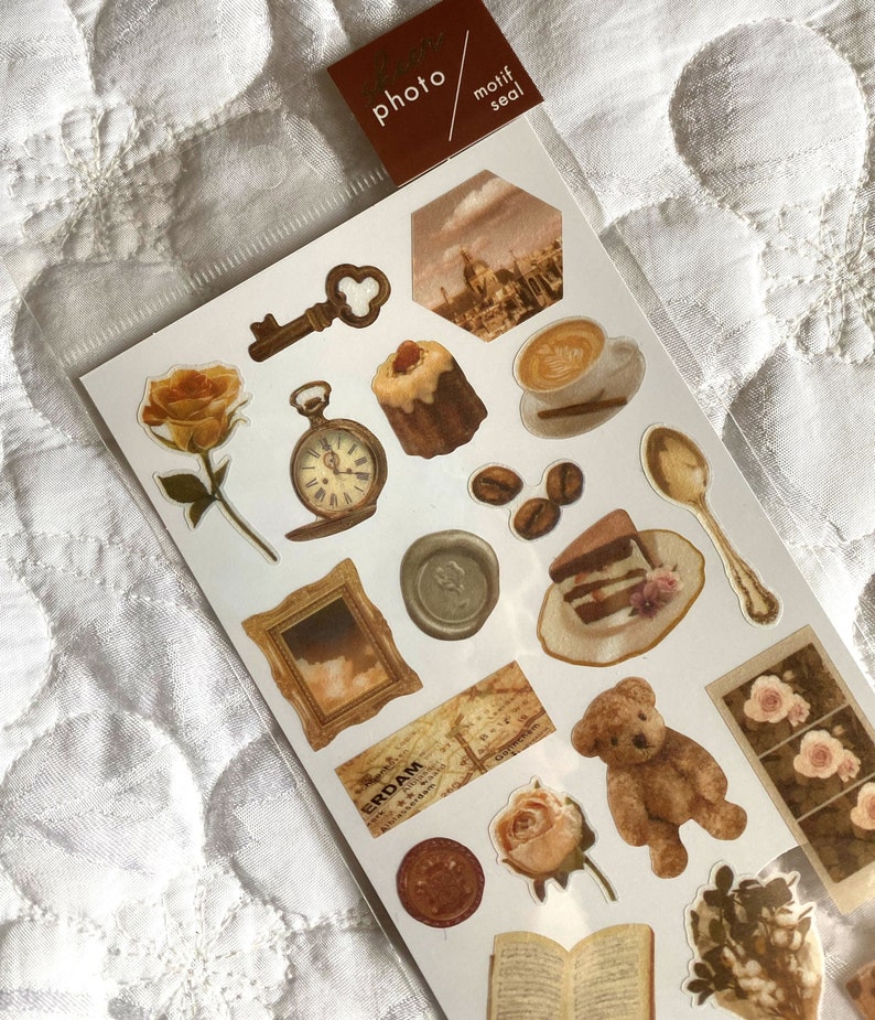 Japan Sticker Sheet Assort: Sheer Photo Series Japanese SEPIA BROWN Color Theme Spread Planner Journal Random Photo Vintage Antique Bear image 2