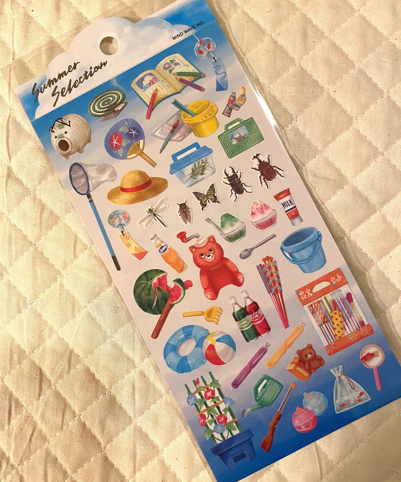 Kawaii Japan Sticker Sheet Assort: Mind Wave Summer 2020 NOSTALGIA Natsukashii Bug Catcher Watermelon Ice Treats Fireworks Homework image 2