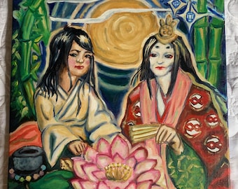 Peinture à l'huile originale d'artiste Malia Autio LES DEUX KAGUYA Folklore japonais Taketori Monogatari Shining Moon Princess Frida Kahlo Nod