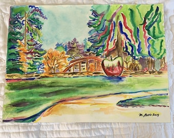 Aquarelle originale de l'artiste ou impression peinture Malia Autio ORENCO APPLE technicolor vibrante paysage frais Hillsboro Oregon Park paysage