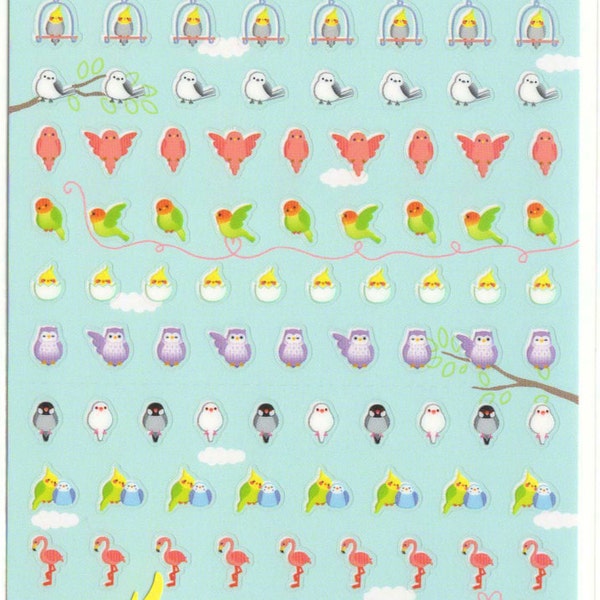 Kawaii Japan Mini Point- and -Sticker Sheet einzusortieren: Vögel Nymphensittiche Wellensittiche Lovebirds Flamingos Java Finken Eulen