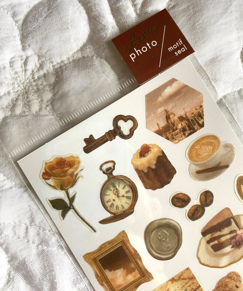 Japan Sticker Sheet Assort: Sheer Photo Series Japanese SEPIA BROWN Color Theme Spread Planner Journal Random Photo Vintage Antique Bear image 1