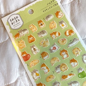 Kawaii Japan Sticker Sheet Assort: Mind Wave MameMame Masking Material HAMSTERS Small Pet Rodent Tan Grey Brown Nibble Stretch Mini image 1