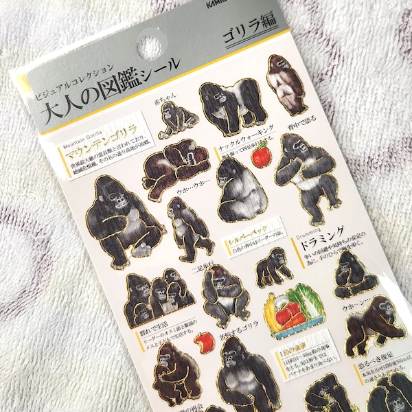 J Kamio Japan Texture Crinkle Washi Paper Sticker: Adult Encyclopedia GORILLA Ape Wild Animal Illustrated Detailed