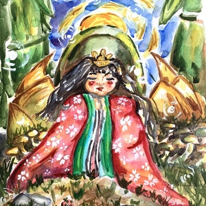 Artist Watercolor Painting PRINT Malia Autio KAGUYA HIME Japanese Folklore Taketori Monogatari Shining Moon Princess Bamboo Grove Asian Vibe