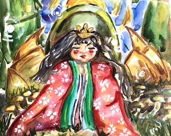 Artiste Aquarelle Peinture PRINT Malia Autio KAGUYA HIME Folklore Japonais Taketori Monogatari Shining Moon Princess Bamboo Grove Asian Vibe