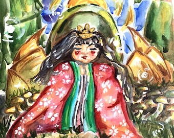 Artist Watercolor Painting PRINT Malia Autio KAGUYA HIME Japanese Folklore Taketori Monogatari Shining Moon Princess Bamboo Grove Asian Vibe