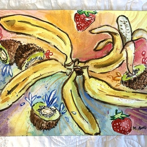 Oryginalna akwarela artystyczna lub wydruk Malia Autio BANANA KIWI PARTY Spirala tęczowa Świeża owocowa tropikalna dekoracja kuchni