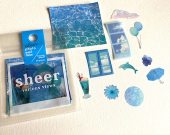 Japan Sticker Flake Assort:  Sheer Photo Series Japanese CYAN Sky BLUE Color Theme Spread Planner Journal Random Photo Ocean Sky Sweets