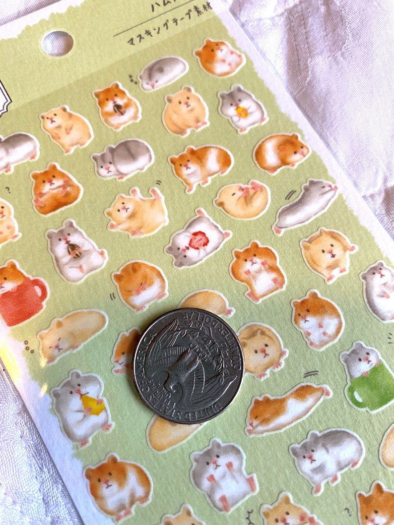 Kawaii Japan Sticker Sheet Assort: Mind Wave MameMame Masking Material HAMSTERS Small Pet Rodent Tan Grey Brown Nibble Stretch Mini image 3