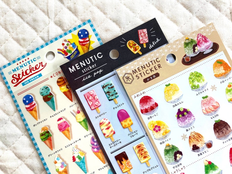 Kawaii Japan Sticker Sheet: Menutic Cafe Frozen Dessert Series Colorful Ice Cream Japanese Shaved Ice Kakigori Ice Pop Fruity Summer Frozen Set (All 3)