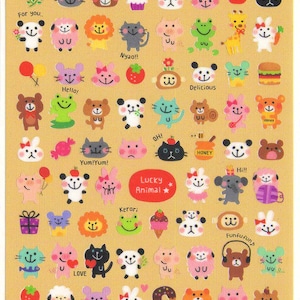 Assortiment de feuilles d'autocollants kawaii japonais : autocollants ponctuels, collations et animaux porte-bonheur cochon ours panda souris chat pour agenda livret