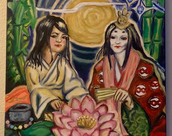 Original Artist Oil Painting Malia Autio THE TWO KAGUYA Japanese Folklore Taketori Monogatari Shining Moon Princess Frida Kahlo Nod