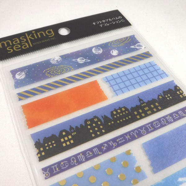 Kawaii Mind Wave Japan Sticker Sheet: Masking Seal Series Tape Assort FANCY NIGHT Sky Skyline Cityscape Night Day Celestial Cosmic Planets