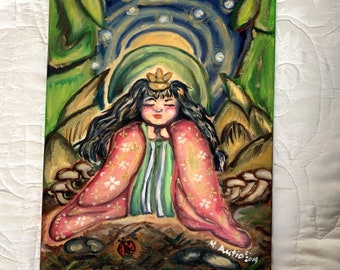 Peinture originale à l'huile ou impression d'artiste Malia Autio KAGUYA HIME Folklore japonais Taketori Monogatari Shining Moon Princess