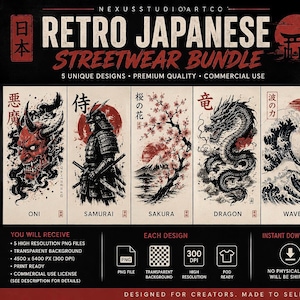 May include: A digital graphic design bundle titled Retro Japanese Streetwear Bundle featuring five illustrations: an Oni mask, a samurai, cherry blossoms, a dragon, and a large wave. The designs are displayed on black t-shirts and a black hoodie.