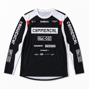 May include: A long-sleeve jersey in black and white with red accents on the shoulders. The front features the text COMMENCAL, Muc-Off, SRAM, ROCKSHOX, SCHWALBE, DHARCO, BELL, and HT. The sleeves also display the text COMMENCAL and Muc-Off.