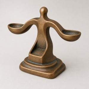 Könnte beinhalten: Eine bronzefarbene Metallskulptur, die eine stilisierte menschliche Figur mit ausgestreckten Armen zeigt, die zwei kleine, flache Schalen an den Seiten trägt. Die Figur steht auf einem rechteckigen Sockel und hat ein kleines Fach an der Vorderseite.