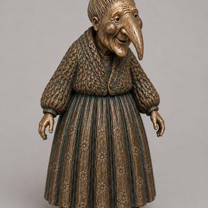 May include: A bronze-toned sculpture of an elderly figure with a prominent nose, wearing a textured knit cardigan and a long, pleated skirt adorned with a repeating daisy pattern. The figure has hair styled in a high bun and wears simple shoes.