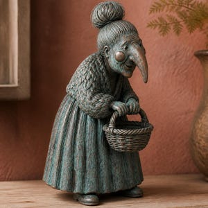 Peut inclure: Une figurine aux tons sarcelle et bronze représentant une personne âgée au nez proéminent, vêtue d'un gilet texturé et d'une longue jupe plissée. Le personnage a les cheveux en chignon haut et tient un petit panier tressé à deux mains.