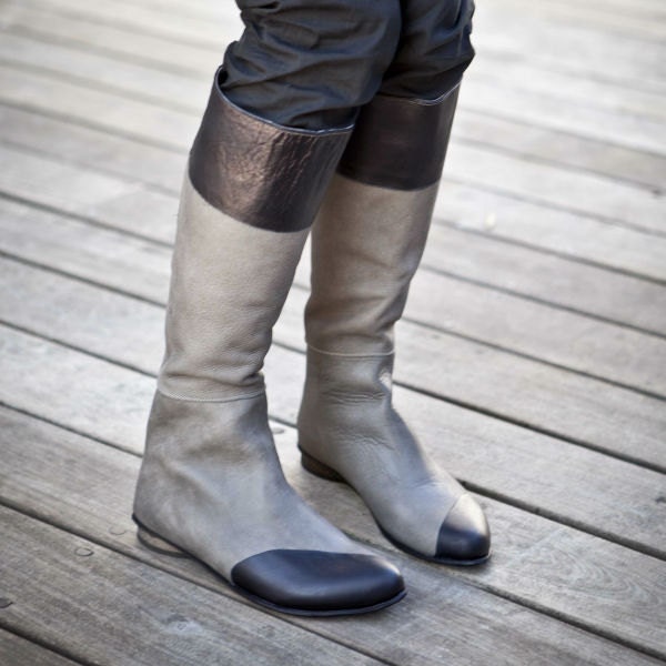 Two Tone Gray and Black leather boots / flat leather boots / Tall Gray riding boots / Low heel boots / Women winter boots