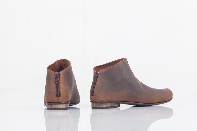 Brown Leather Ankle Boots Ladies Low Cut Leather Booties Cool Boho Flat Boots Everyday Winter Shoes
