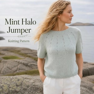 Stickmönster för Mint Halo-tröja i PDF-format, Spetströja med ok och mönster uppifrån och ner, Kortärmad stickad t-shirt, Damstorlekar XS-XXXL, Lätt sommarstickmönster