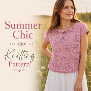 May include: A short-sleeved, pink knitted top featuring a textured diamond pattern and a round neckline. The text Summer Chic Knitting Pattern is displayed on the left side of the image, accompanied by a small floral graphic and decorative lines.