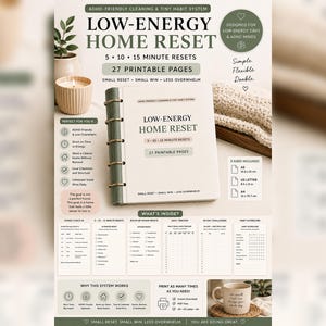 Puede incluir: Un planificador digital titulado Low-Energy Home Reset con 27 páginas imprimibles. La portada es de color crema con una encuadernación verde oscuro. Incluye secciones para reinicios de 5, 10 y 15 minutos, rastreadores de hábitos y listas de control.
