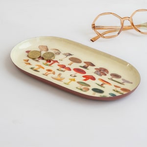 May include: An oval-shaped tray with a cream-coloured interior featuring a repeating pattern of various mushrooms in shades of red, brown, and orange. Two gold-coloured coins rest on the surface, and a pair of light brown spectacles sits nearby.